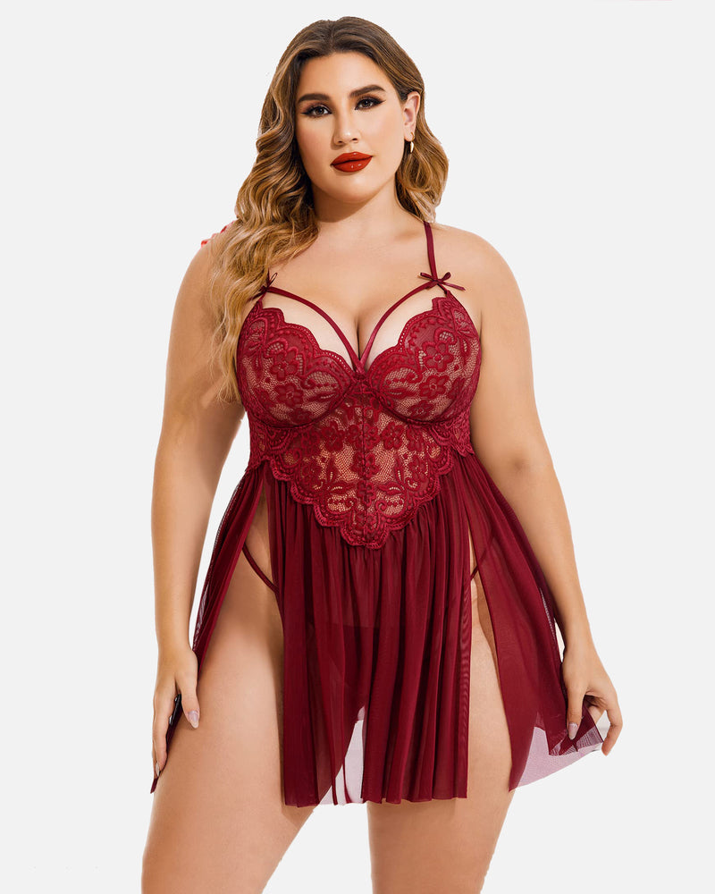 Plus size v-neck mesh babydoll in dark red with lace bust and sheer pleated skirt