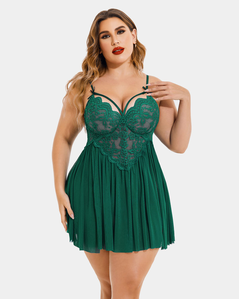 Plus size v-neck mesh babydoll in dark green with lace cups and pleated skirt