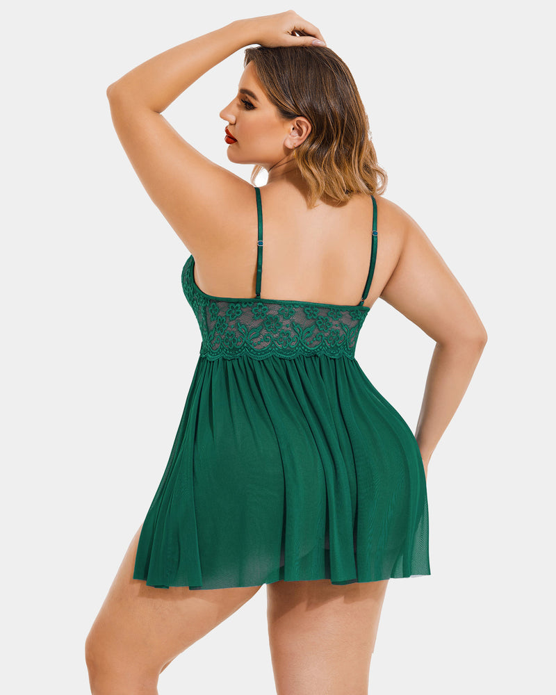 Plus size v-neck mesh babydoll in dark green with lace back and side slit