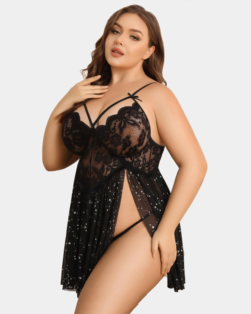 Plus size lace babydoll in black with floral lace bodice and star print mesh overlay
