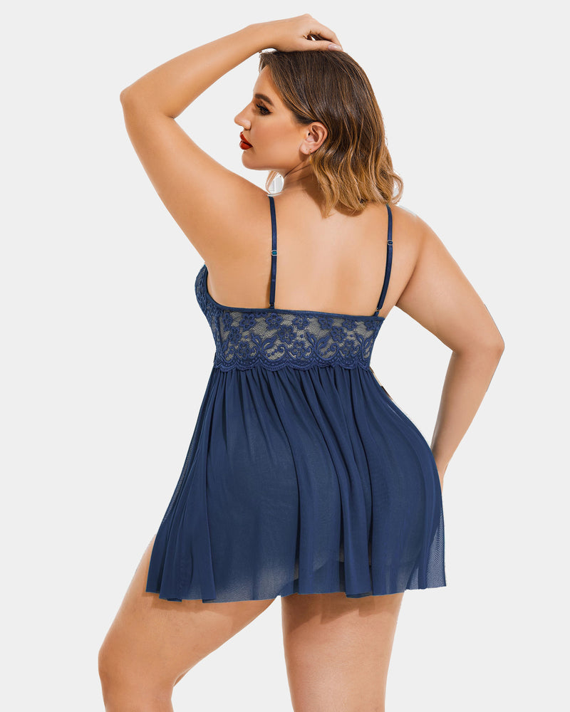 Navy lace mesh babydoll back with thin straps and pleated side-slit hem