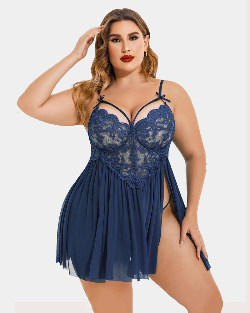 Navy lace mesh babydoll with V-neck cups, pleated skirt, and side slit