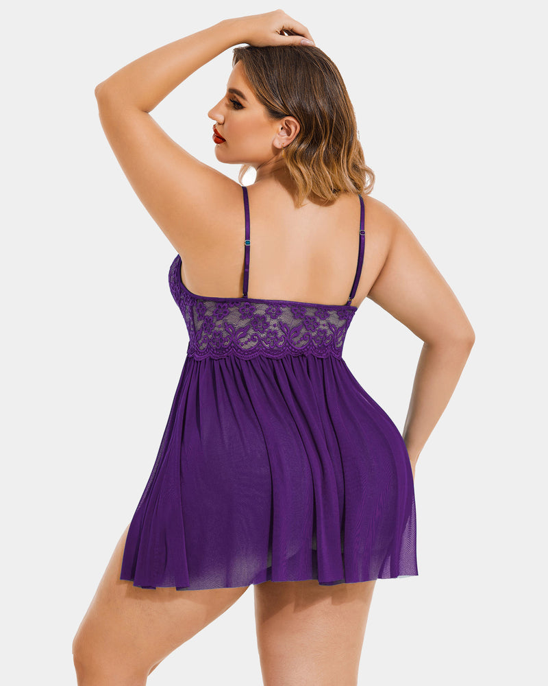 Purple lace mesh babydoll back with tie straps and pleated side-slit hem