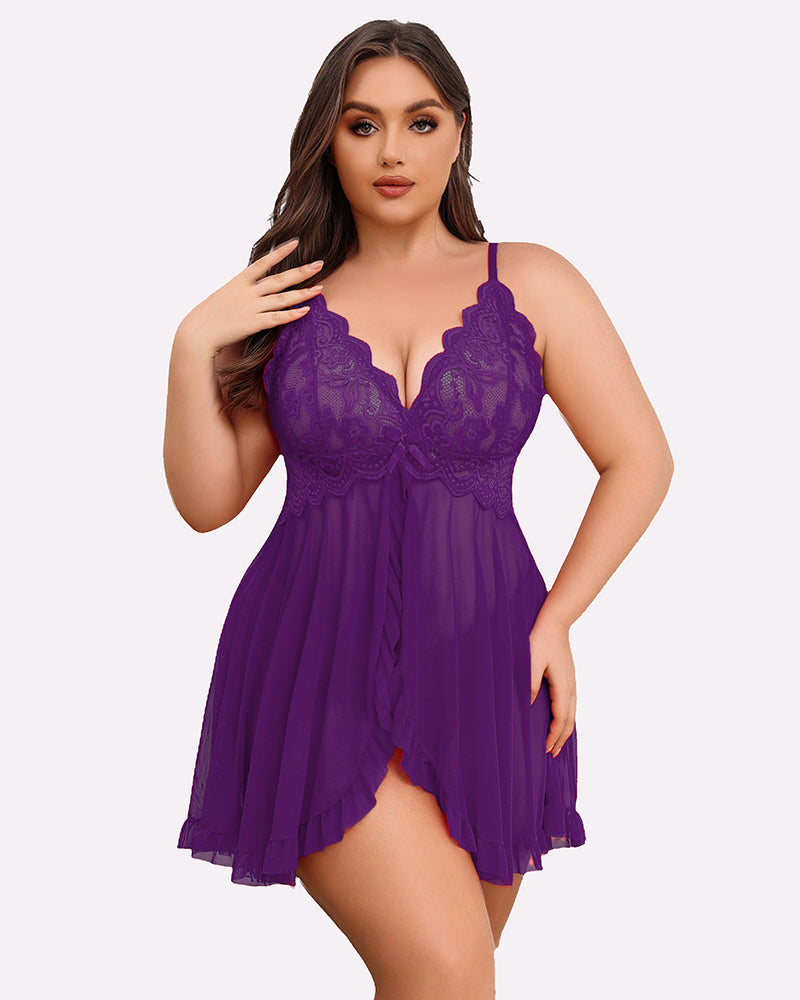 Plus size lace babydoll with open front, purple lace bodice and sheer tiered skirt