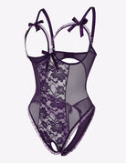 Black lace cut-out cup bodysuit with sheer mesh sections and bow shoulder straps