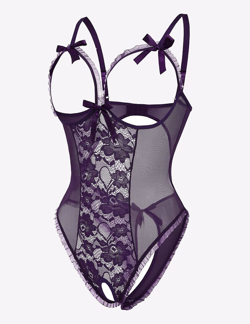 Black lace cut-out cup bodysuit with sheer mesh sections and bow shoulder straps