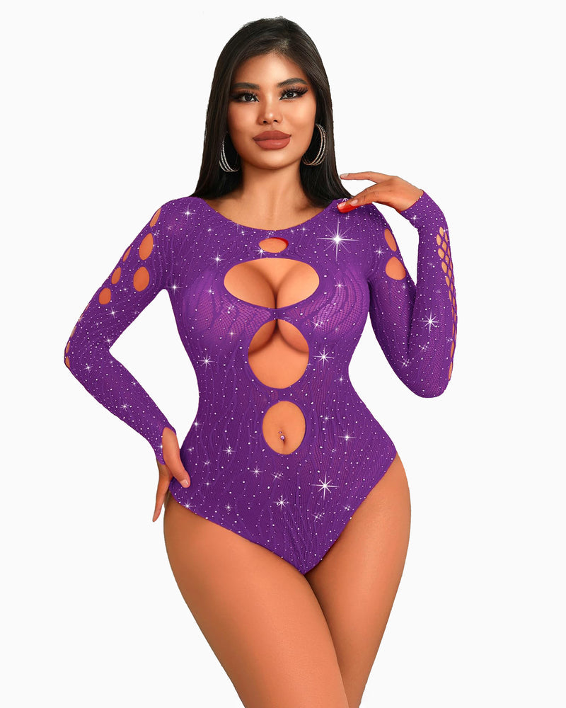 Purple rhinestone mesh bodysuit with oval cutouts and long sleeves