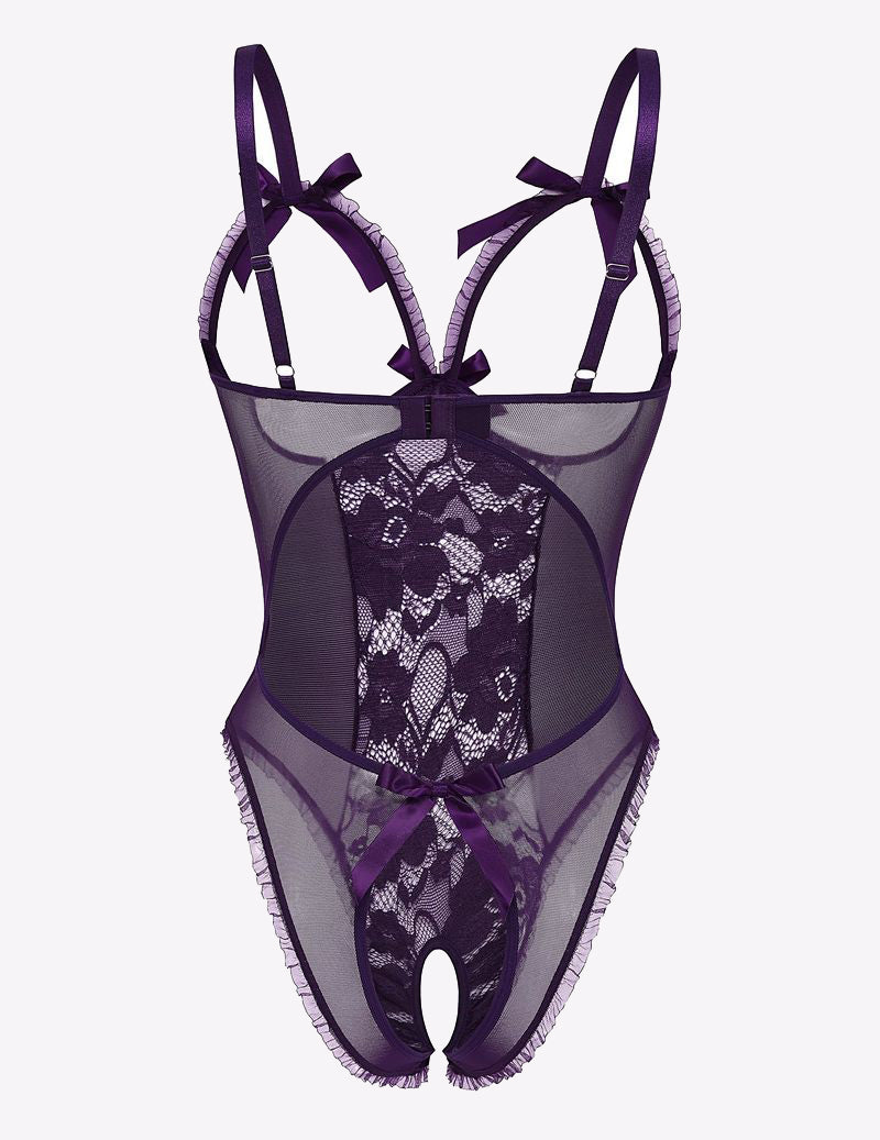 Dark purple lace cut-out cup bodysuit with sheer panels and bow shoulder straps