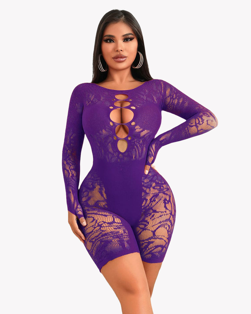 Purple fishnet teddy bodysuit dress with long sleeves and oval cut-outs at chest