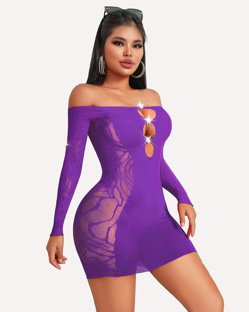 Purple off-shoulder fishnet bodycon mini dress, long sleeves, back oval cutouts
