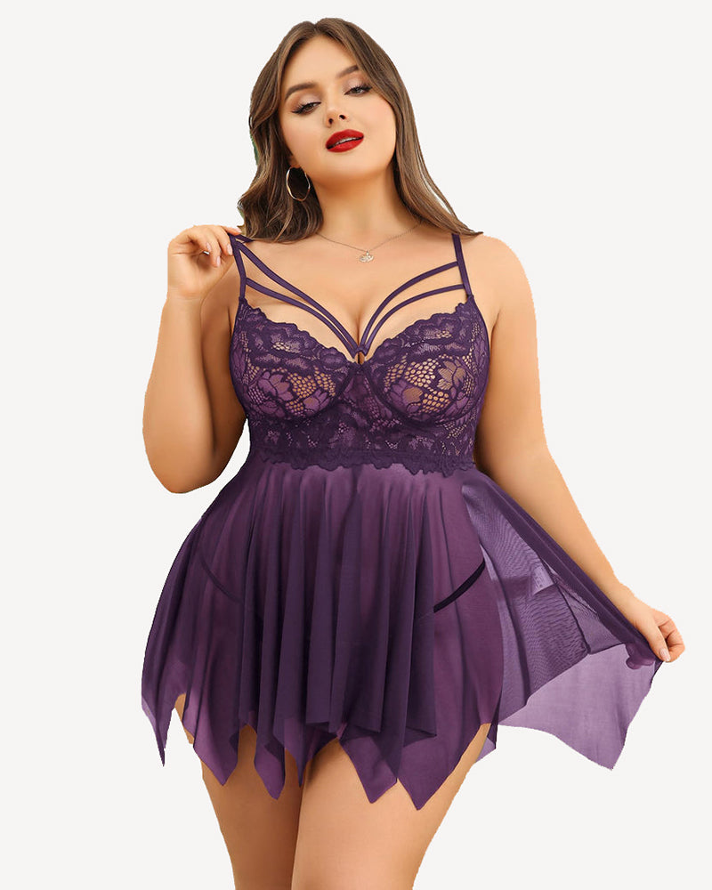 Purple lace babydoll nightgown with V-neck straps and sheer pleated skirt.