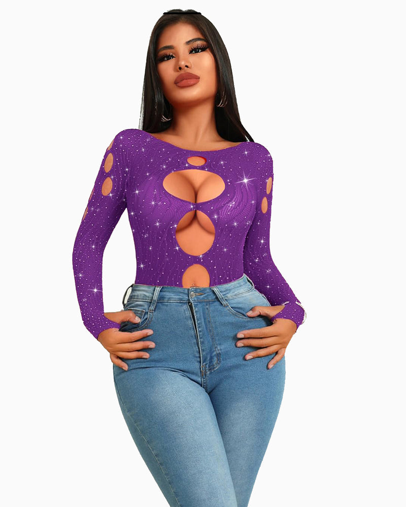 Purple rhinestone mesh bodysuit with large back oval cutouts and long sleeves