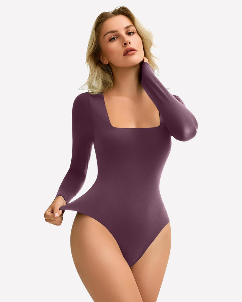 Deep purple square-neck double-lined bodysuit with long sleeves