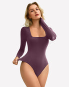 Deep purple square-neck double-lined bodysuit with long sleeves