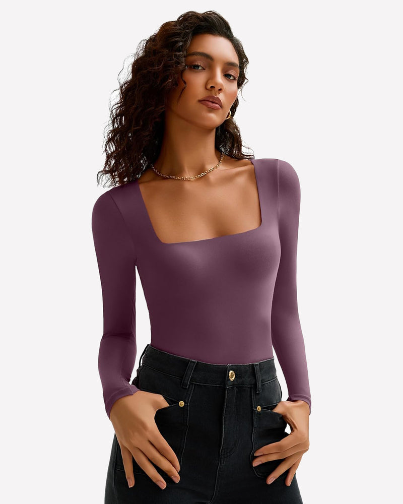 Plum purple square-neck double-lined bodysuit with long sleeves