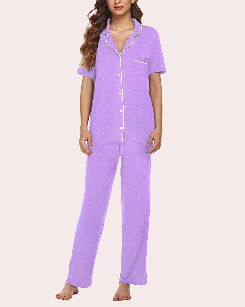 Purple pajama set with short-sleeve button shirt and long pants, light speckle print