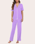 Purple pajama set with short-sleeve button shirt and long pants, light speckle print