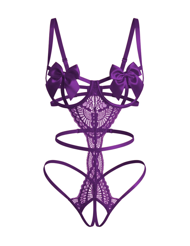 Purple floral lace teddy with satin bow underwire cups and strappy cutouts