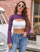 Purple floral lace mesh long-sleeve crop top with chest cut-out