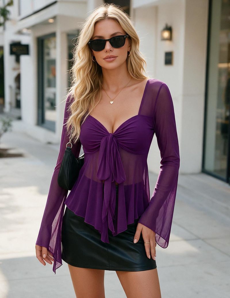 Purple sheer chiffon top with square neckline, long flared sleeves, and front tie
