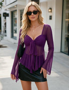 Purple sheer chiffon top with square neckline, long flared sleeves, and front tie