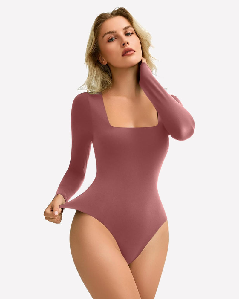 Double-lined square-neck bodysuit in rose red, long sleeves and high-cut leg