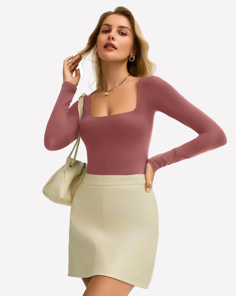 Rose red square-neck double-lined bodysuit with long sleeves