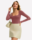 Rose red square-neck double-lined bodysuit with long sleeves