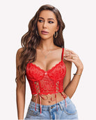Red lace underwire corset bralette with bow-front and crisscross lace-up sides