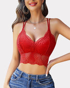Wine red crochet V-neck racerback crop top with scalloped bust trim