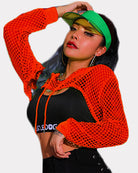 Orange mesh fishnet crop hoodie with hood, drawstring, long sleeves