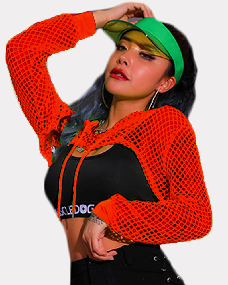 Orange mesh fishnet crop hoodie with hood, drawstring, long sleeves