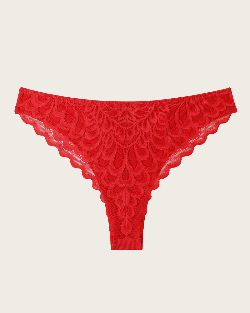 Red lace hipster no-show panties with scalloped lace trim and narrow leg openings.