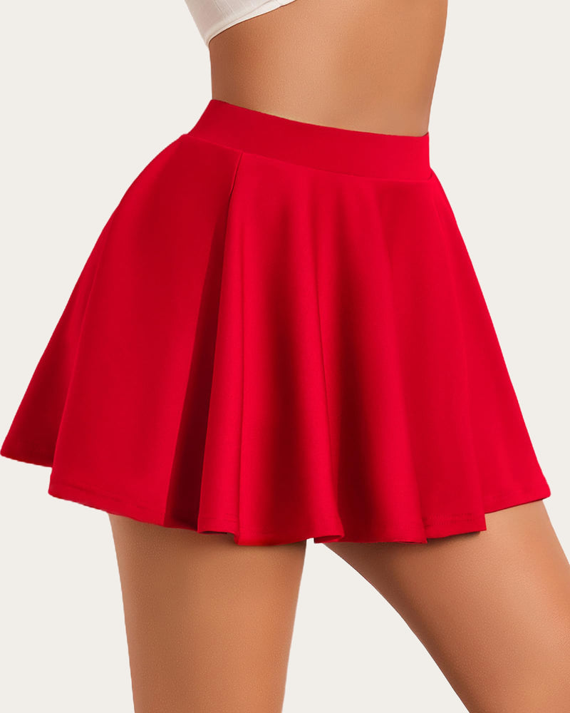 High waist A-line skirt in solid red with pleated flare and waistband