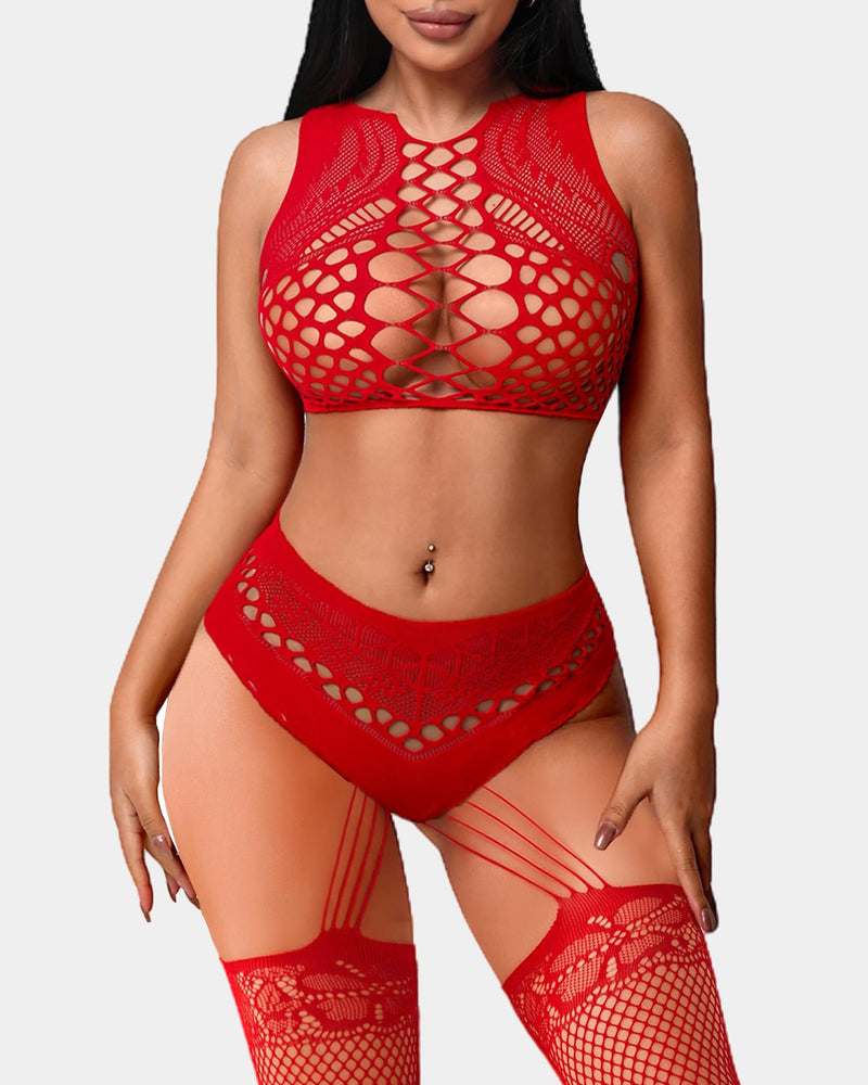 Red fishnet two-piece lingerie set with cutout bra, high-waist panties, and stockings