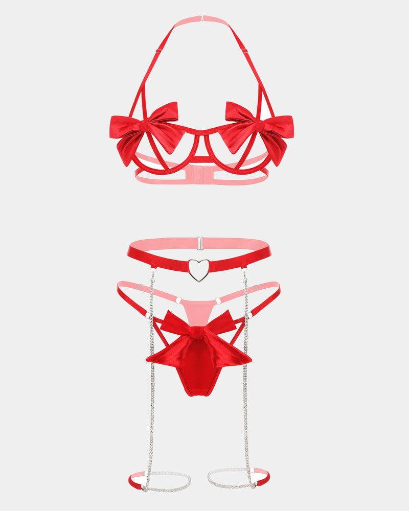 Rose red bow bra and thong panty set with ribbon bows, heart choker, and chain garters