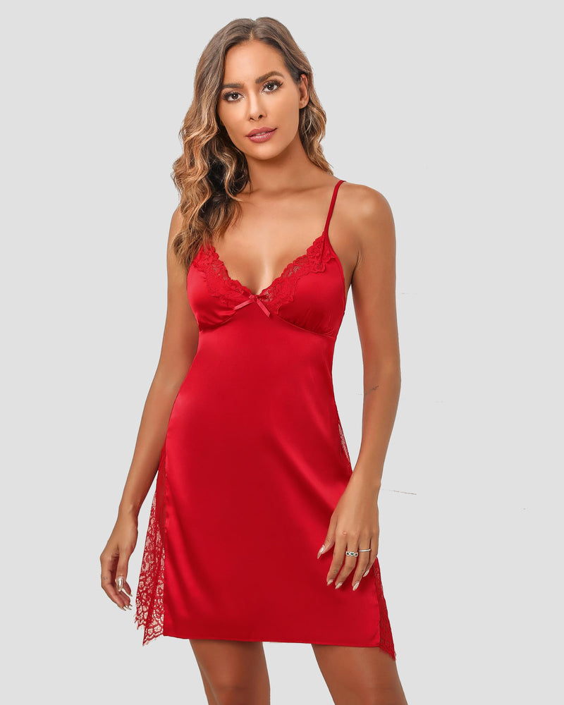 Satin nightgown chemise with V-neck lace trim and spaghetti straps in red.