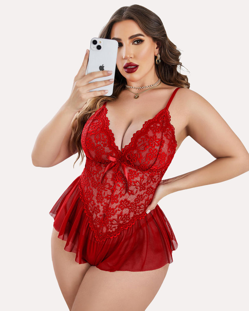 Plus size lace teddy bodysuit in red with lace cups and ruffled tulle hem
