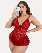 Plus size lace teddy bodysuit in red with lace cups and ruffled tulle hem