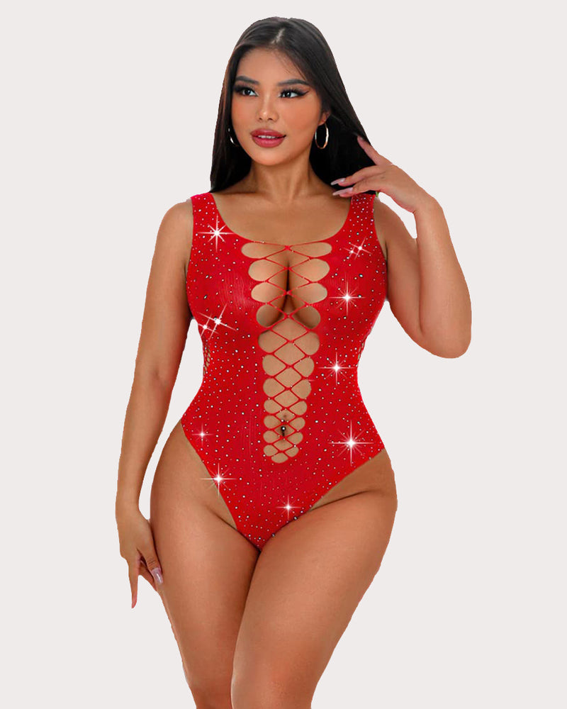 Red rhinestone mesh bodysuit with crisscross lace-up front cutout