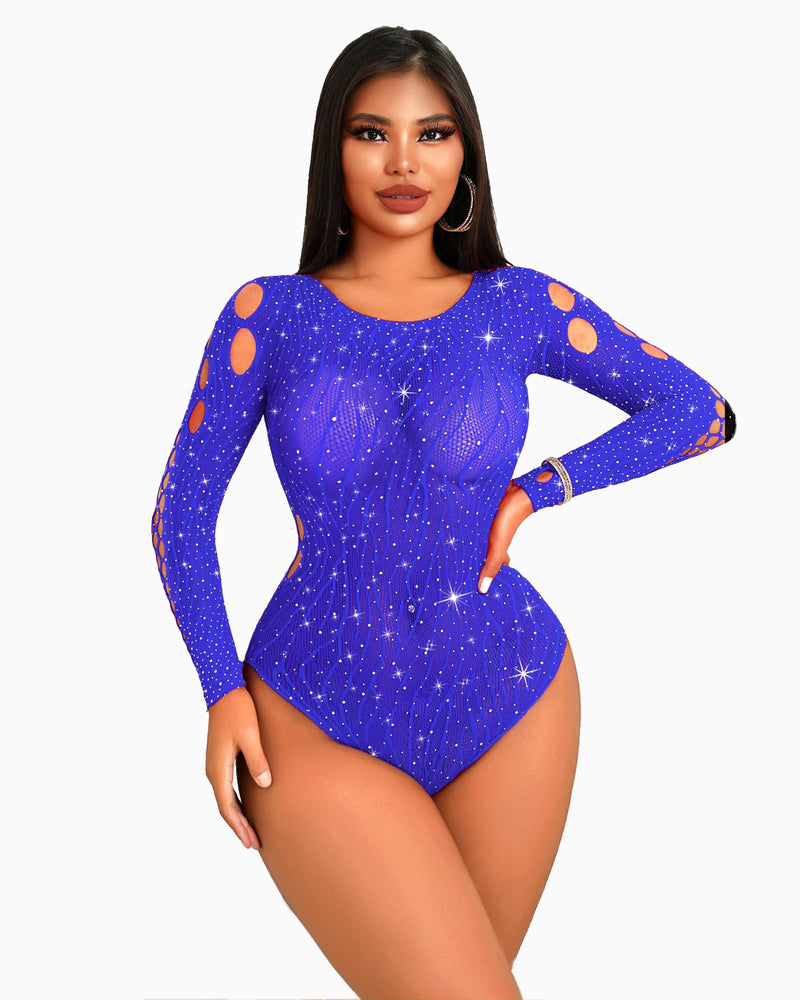 Blue rhinestone mesh bodysuit with oval cutouts and long sleeves