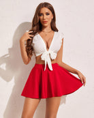 High waist A-line skirt in solid red with pleated flared hem