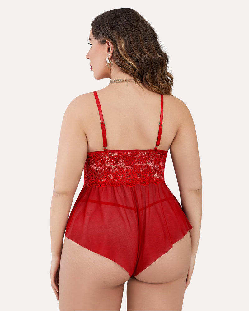 Plus size lace teddy bodysuit in red with open back and sheer front panel