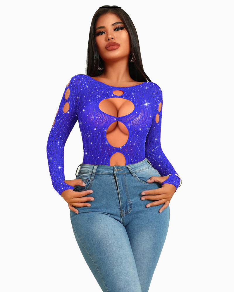 Blue rhinestone mesh bodysuit with large back cutouts and long sleeves