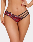 Red mesh thong with black side straps and embroidered floral flowers at the waist