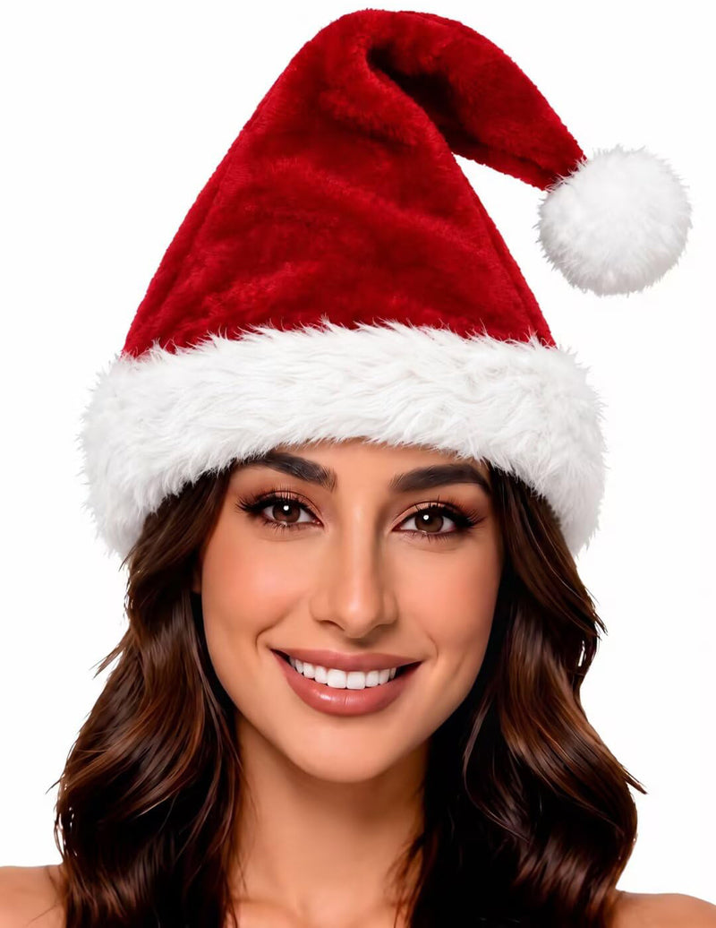 Red Santa hat with white faux fur brim and pom-pom, worn on a model
