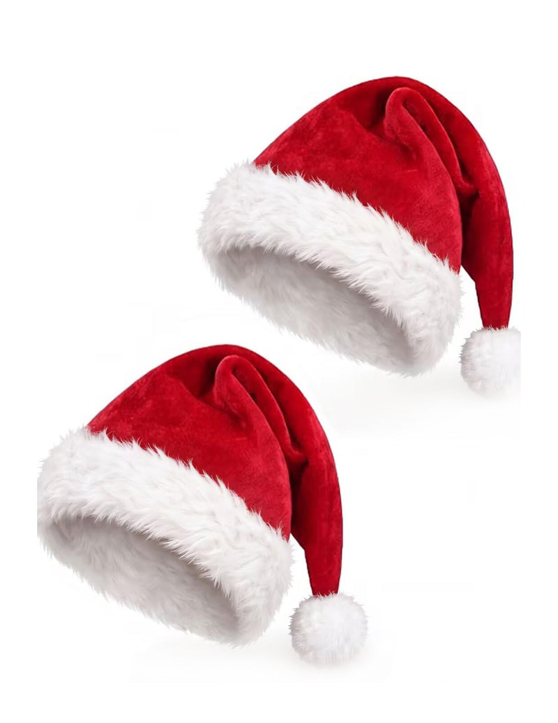 Two red Santa hats with white faux fur brims and pom-poms