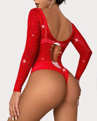 Red rhinestone mesh bodysuit with open back, lattice lace detail, long sleeves