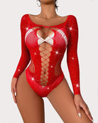 Red rhinestone fishnet mesh bodysuit with long sleeves and crisscross lace-up front