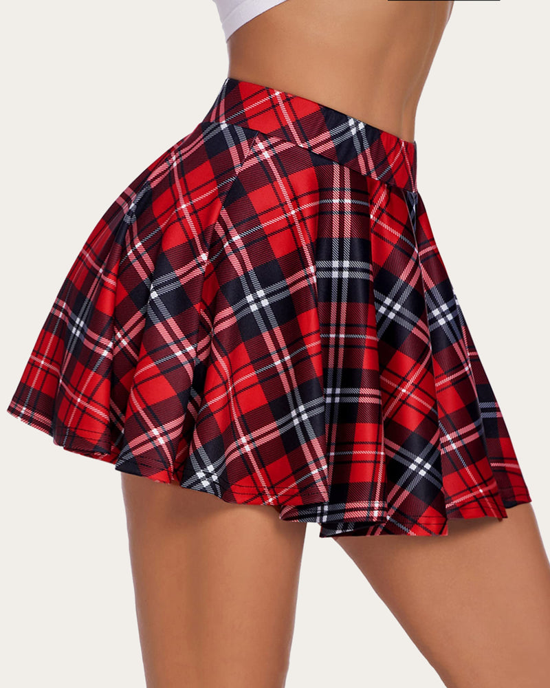 High-waist A-line skirt in red and navy plaid with pleated flare